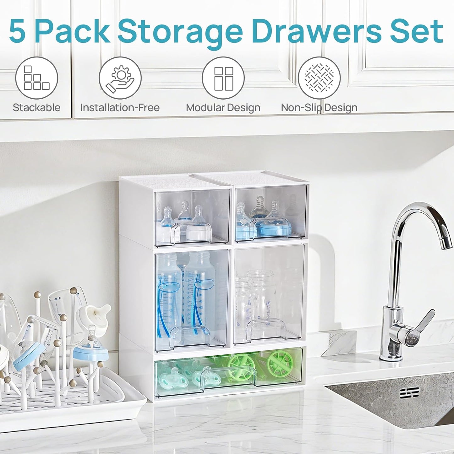 Vtopmart Stackable Storage Drawers Set of 3,Clear Plastic Organizer Bins for Makeup, Cosmetics, Beauty Supplies,Ideal for Vanity, Bathroom,Cabinet,Pantry Organization