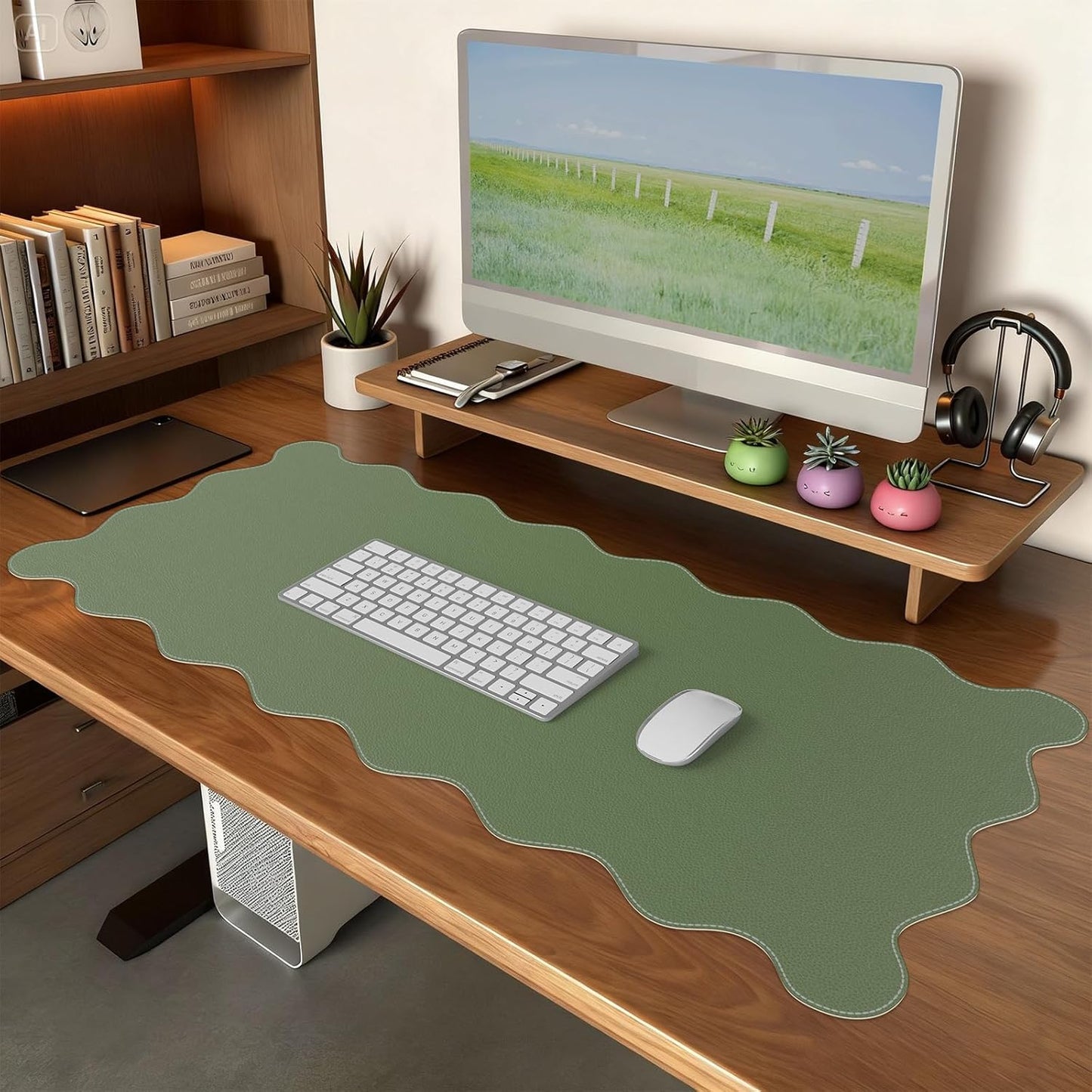 iCasso Pink Leather Desk Mat,Extra Large Scalloped Mouse Pad for Desktop,Waterproof PU Nail Table Mat,Cute Keyboard Mats for Women Girl,Non-Slip Desk Cover Mat for Office Home Dorm