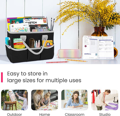 Desktop Tote and Stock Organizer, Teacher Helper Tote Bag Organization for Arts, Books, Stationery, Office Desk Organizer, Make-up Storage Tote with Handles for Travel, Black-Gray