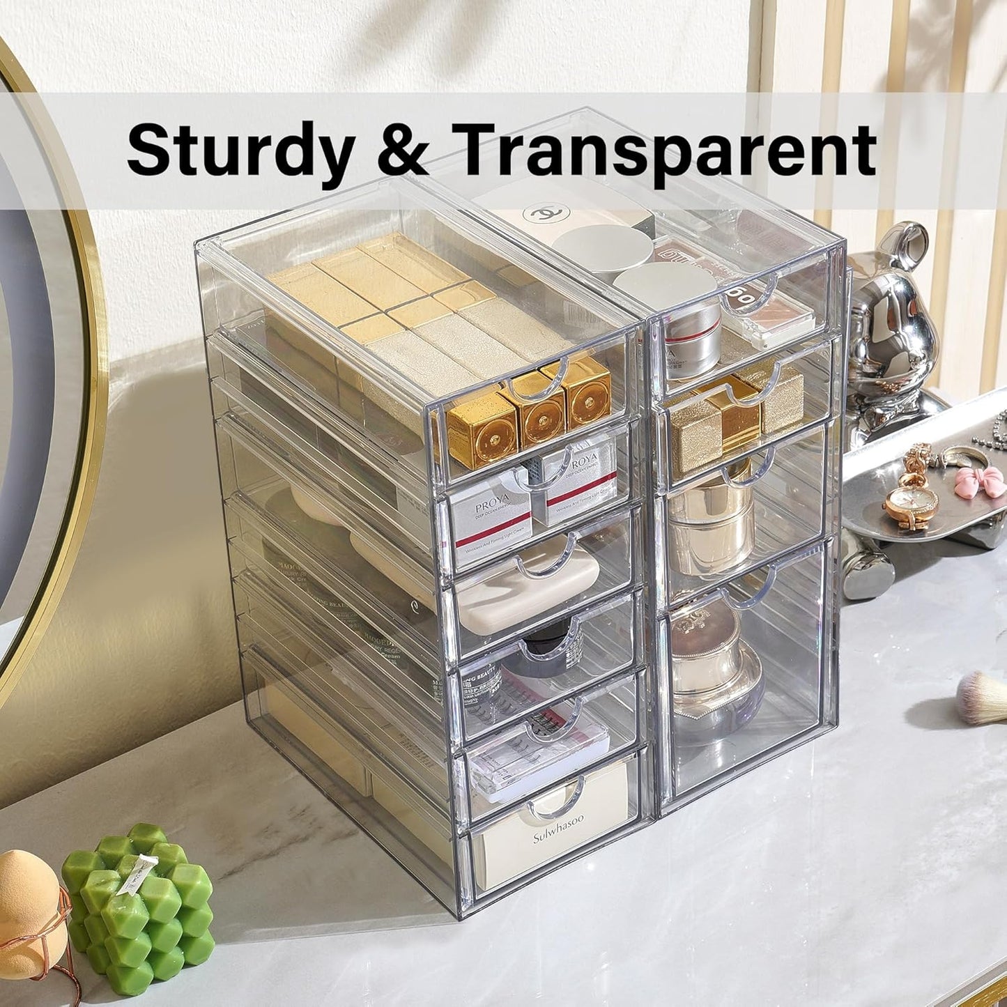 Prsildan Acrylic Drawer Makeup Organizer with 6 Drawers (Not for Baby Bottle), Set of 2 Office Desk Organizers Accessories, Clear Stackable Storage Drawers for Vanity, Craft (Largest Drawer 4" Tall)