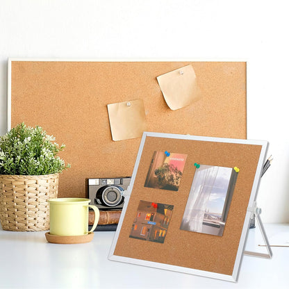 2 Pack Cork Board Bulletin Board, Double Sided Pin Board with Silver Aluminum Border, Desktop Small Cork Board with Stand Suitable for Home, Office, Desk Message Board or Picture Board 9.8"×9.8"