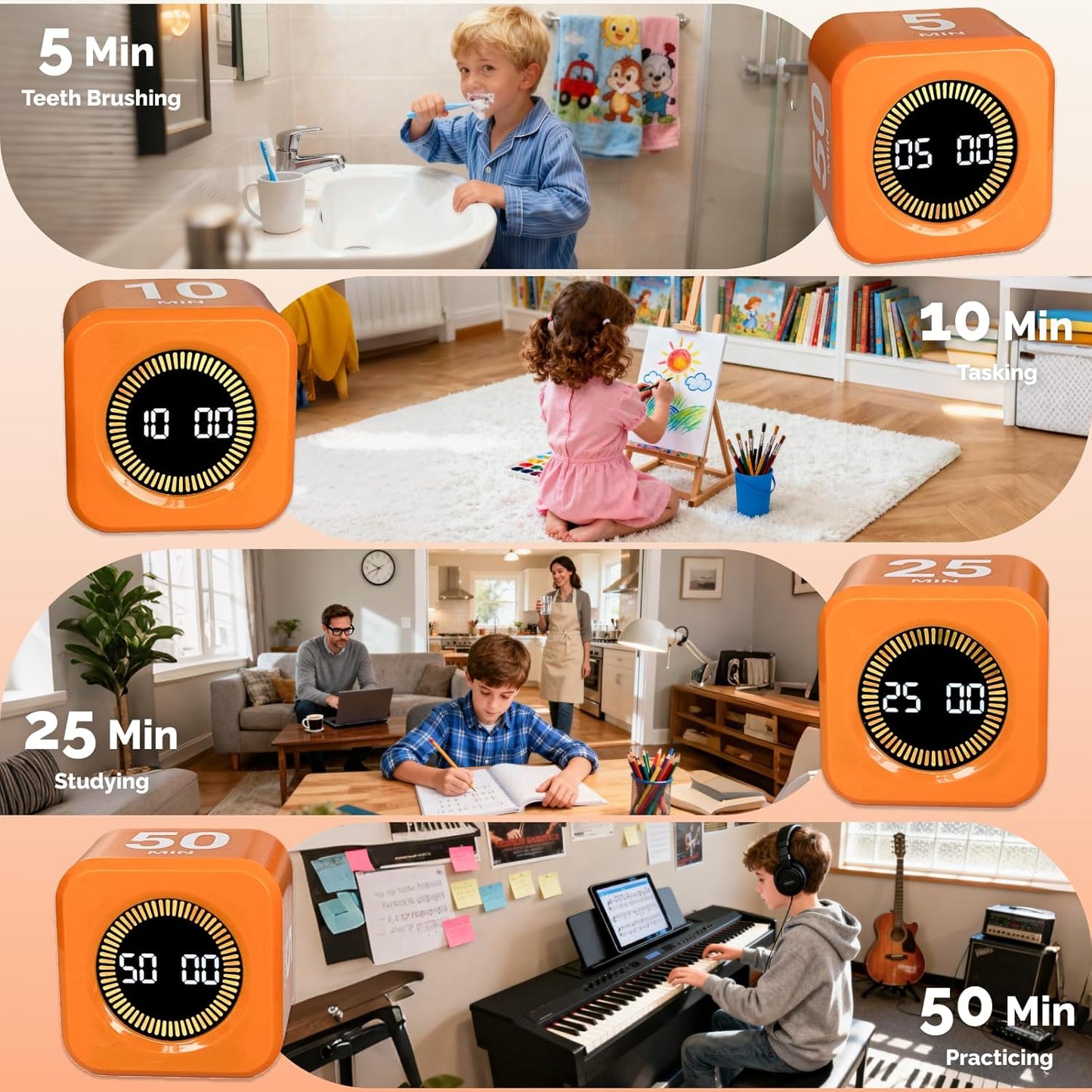 KADAMS Pomodoro Timer Visual - Productivity Pomodoro Cube, 5/10/25/50 Min Countdown & Countup, Silent – Ideal for Work Study Cook Workout Kitchen School Classroom Office ADHD Gift Kids (1, Black)