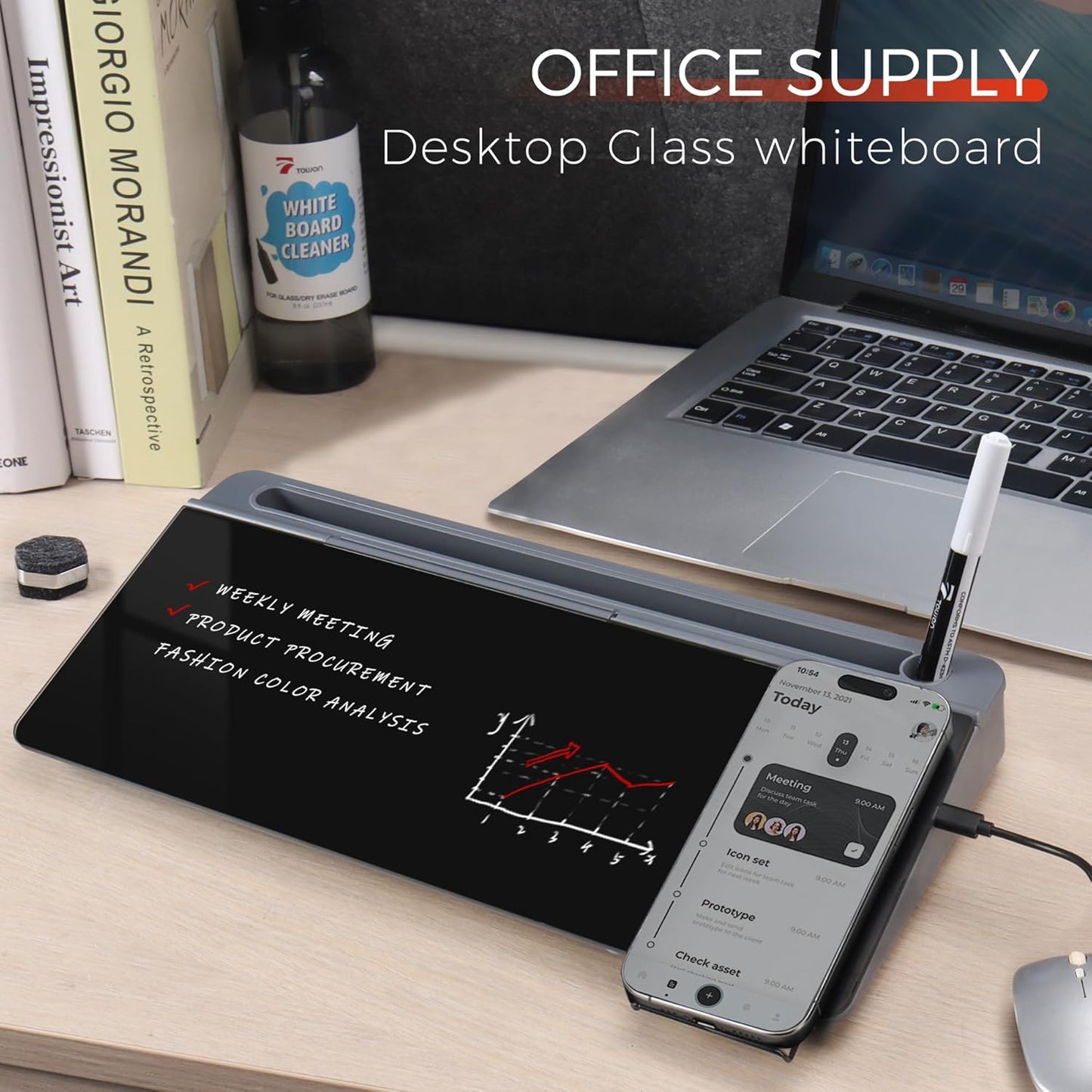 TOWON Small Compact Glass Desktop Whiteboard with Storage – 12 x 7 in Dry Erase Board for Desk, Home Office, School | Includes 5 Markers, Eraser & Holder | Space-Saving Organizer, Aesthetic Rose Gold