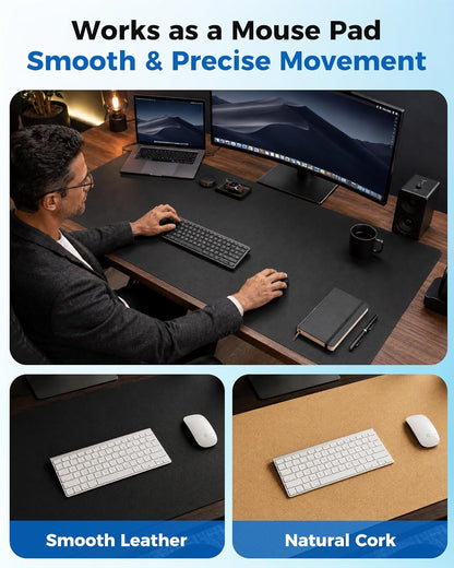 Aothia Dual-Sided Desk Pad - 25.6x13.7 inches Leather Desk Mat, Natural Cork Desk Pad Protector, Large Mouse Pad for Desk, Waterproof Desk Blotter Pad, Desk Writing Pad for Office Work/Home, Black