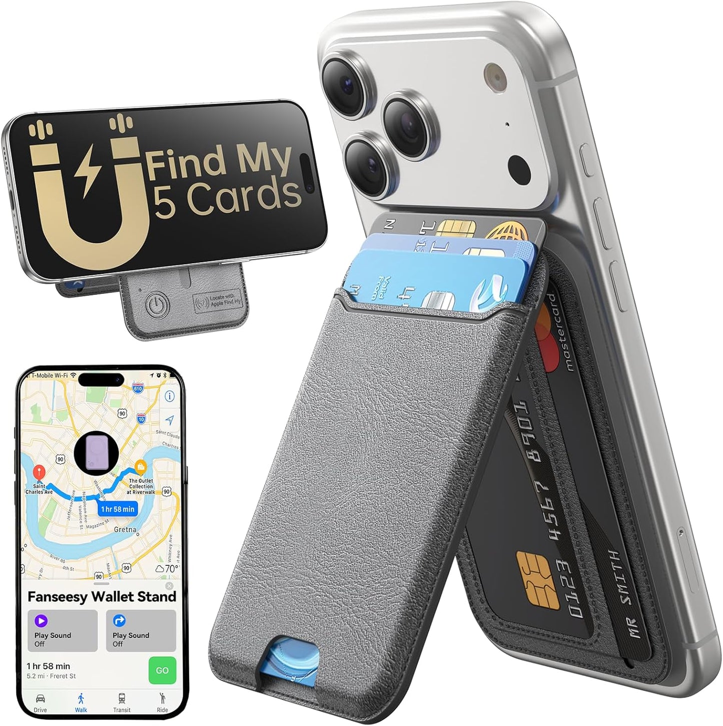 for MagSafe Wallet, Works with Apple Find My,5 Card Holder with Stand, Magnetic Phone Wallet Stand for iPhone 17/16/15/14/13/12 Pro Max Air Plus, RFID Blocking Vegan Leather,Black