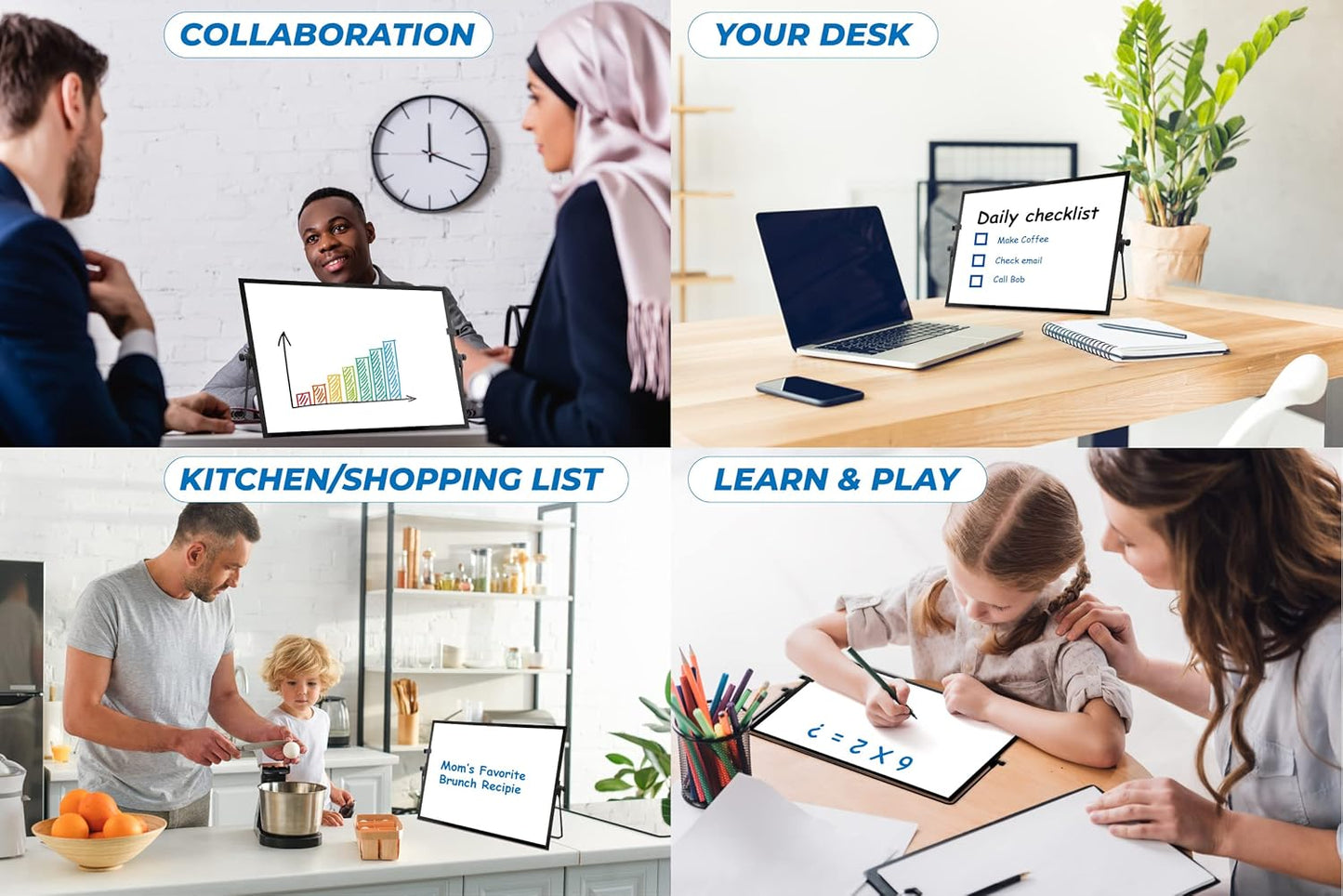 Desktop Dry Erase Board - 16in x12in Double Sided Stylish Black Frame Magnetic Desktop Whiteboard with Stand Comes with 6 Magnetic Markers, 4 Magnets, 1 Eraser, 1 Pen Clip