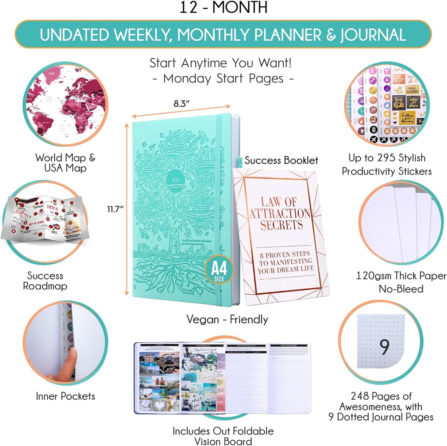 Life Planner - Undated Weekly & Monthly Planner, 12-Month Journey to Increase Productivity | Gratitude Journal, Life Organizer & Goal Journal | Include Foldable Vision Board, Habit Tracker & Stickers