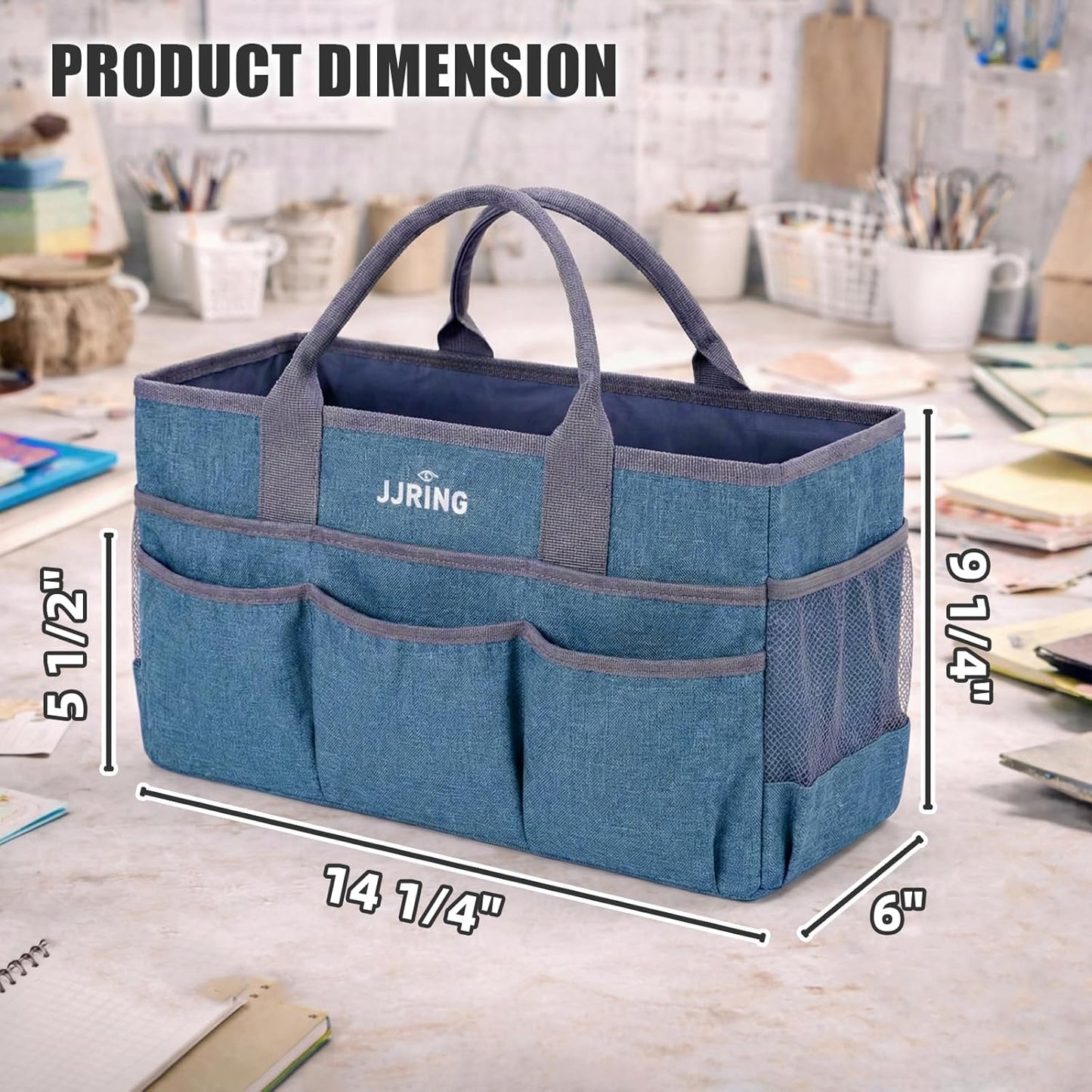 JJRING Large Art Supply Storage Tote Bag With 2 Mesh Side Pockets & Front Elastic Pockets – Sturdy Craft Organizer Caddy with Reinforced Bottom For Sewing, Scrapbooking, Teachers & Artists(Green) | Breathable Material