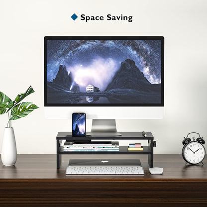 BONTEC Wooden Monitor Stand Riser for Desk, 2-Tier Computer Monitor Stand with Storage, 66 lbs Desk Shelf Organizer, Laptop & Printer Stand with Phone Holder and Cable Management, White, 16.5 Inch