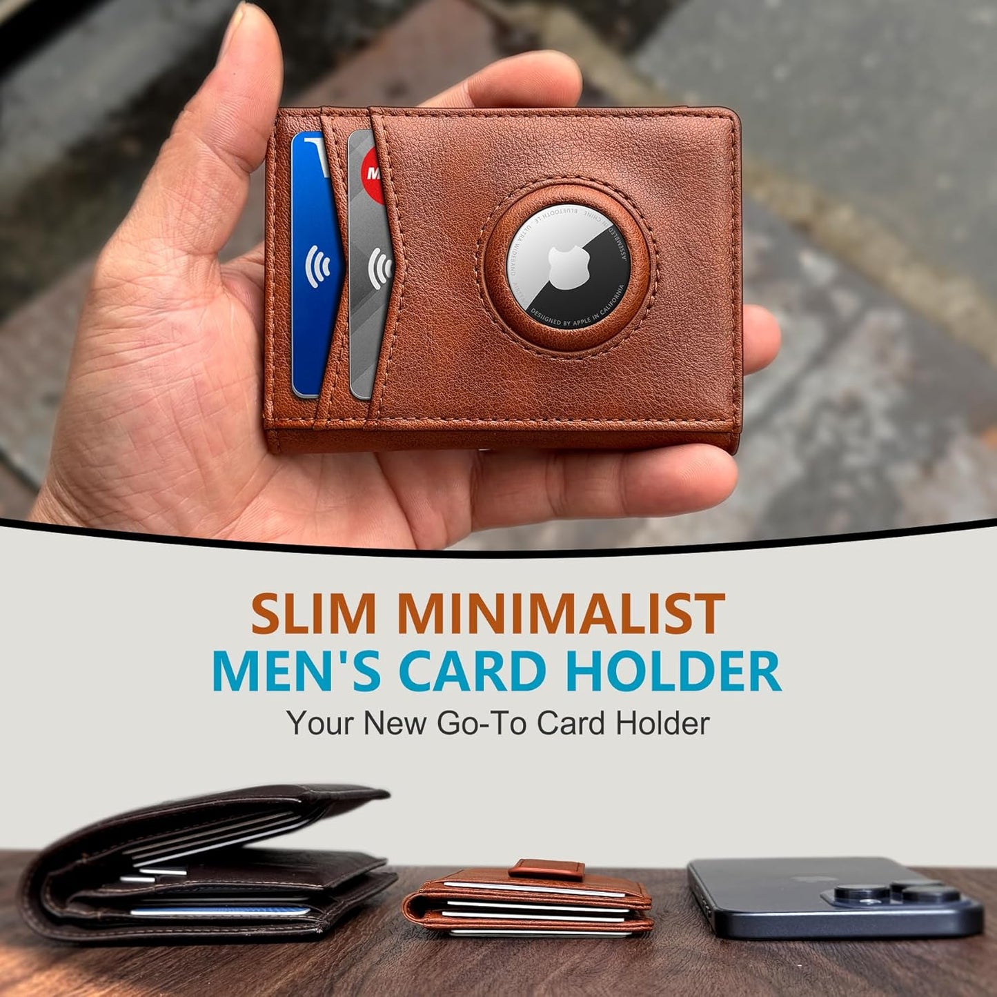 miyozi Airtag Wallet for Men- with Money Clip Gift Boxed, Magnetic Closure Slim Genuine Leather Front Pocket Wallet, 4.1"x 2.8", RFID Blocking