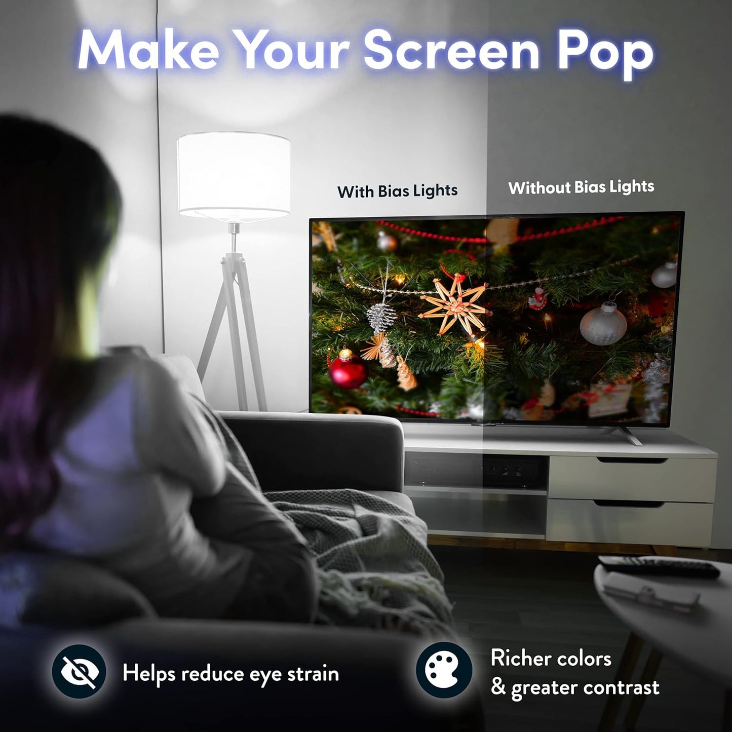 Luminoodle Color Bias Lighting, USB TV and Monitor Backlight LED Strip Lights Kit with Dimmer, Remote - 6.6 ft for 24" to 60" TV - Medium