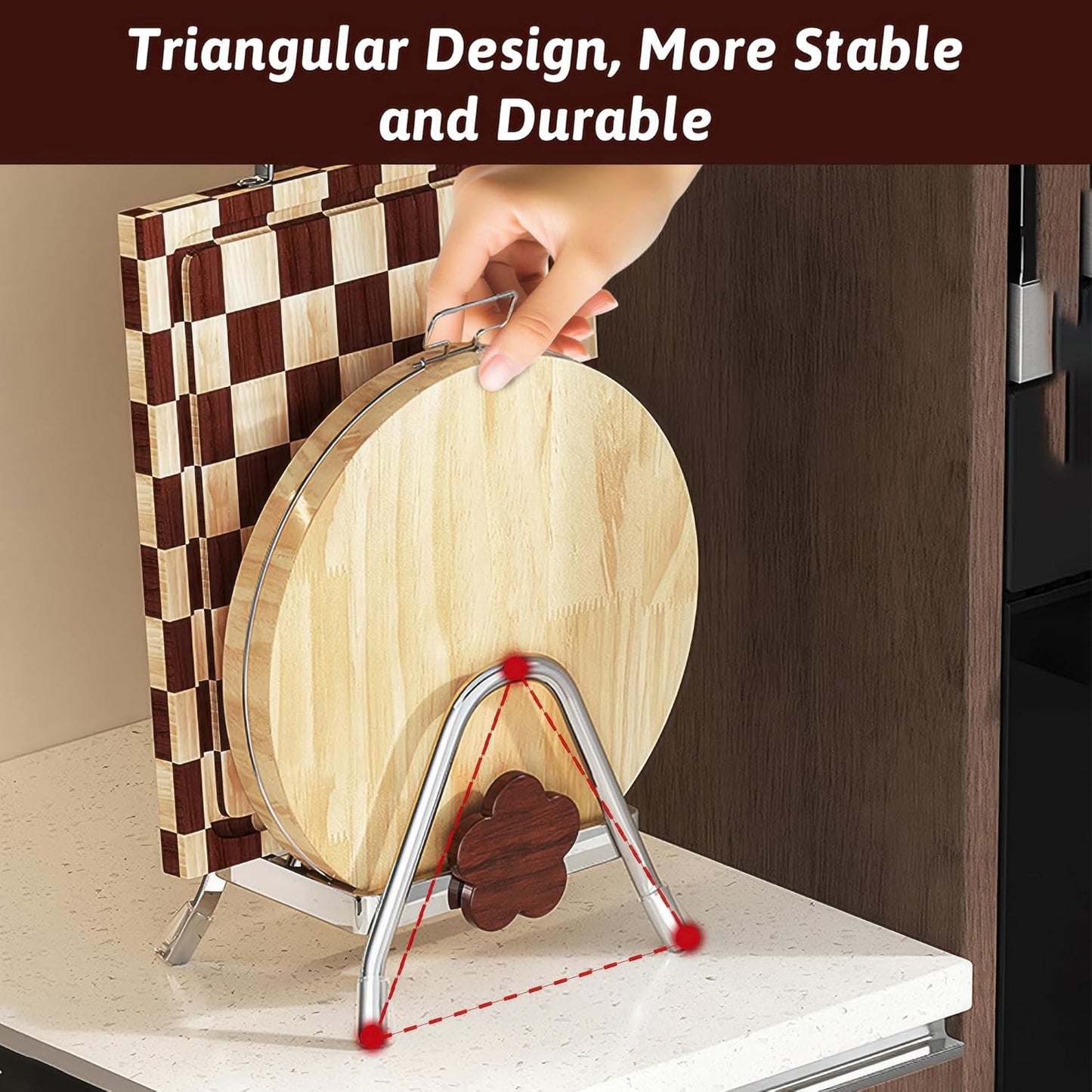 Cutting Board Rack - Stainless Steel Chopping Board Pot Lid Holder Stand with Flower Decor, Stable Triangle for Kitchen Countertop Pots Pan Plate Cutting Boards Cooking Mats Cookware
