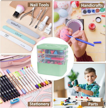3-Layer Plastic Craft Organizers and Storage Box with Removable Trays, Storage Containers with lids and Handle, Art Supply Storage Organizer for Bead, Ornament, Nail Polish, Tape（10.62"x9"x7.67"）
