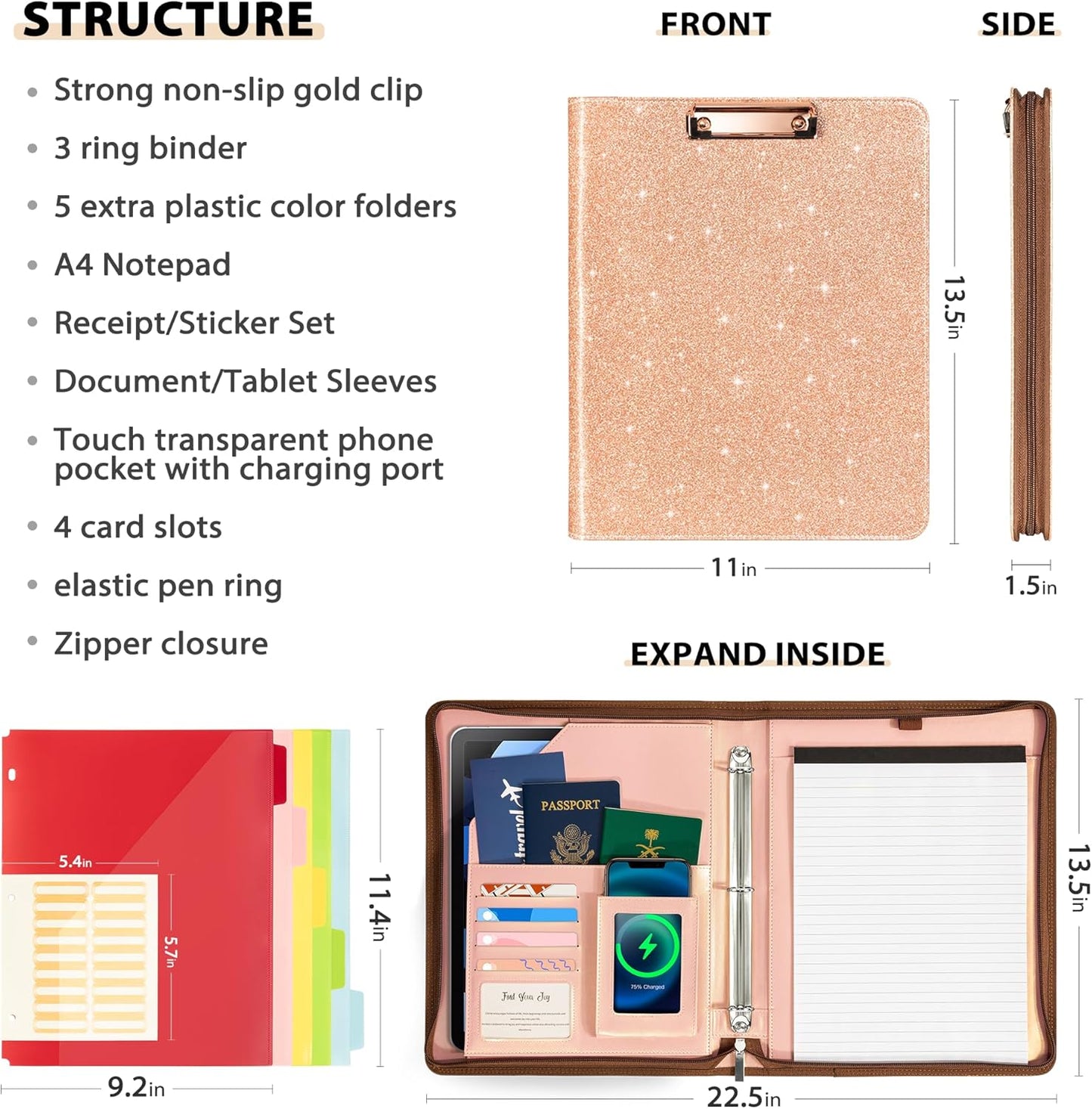 Ospelelf Zippered Padfolio Organizer, Faux Leather 3 Ring Binder with Clipboard, Letter Size Business Portfolio with Notepad, Tablet Sleeve & Phone Pockets for Office Work Brown