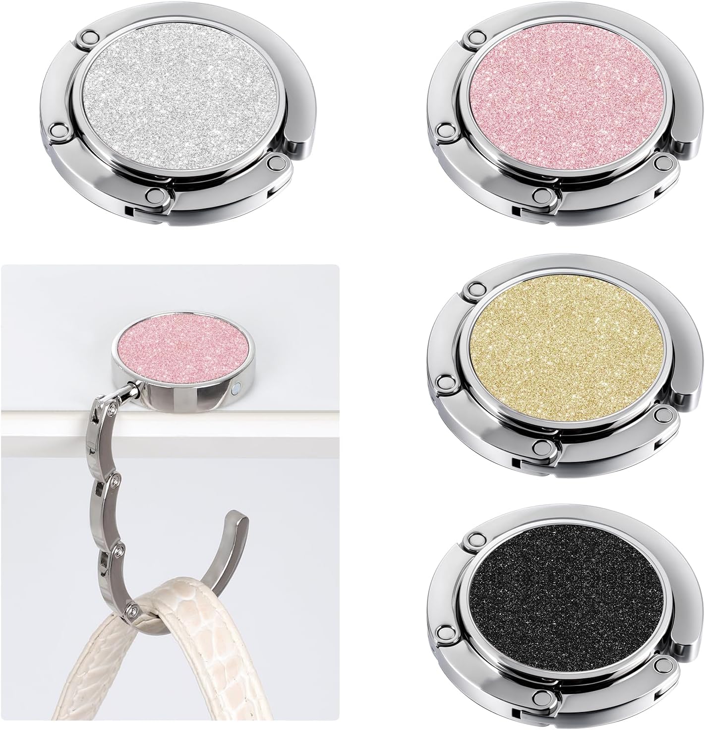 4 Pcs Foldable Purse Hook for Table Folding Women's Handbag Hangers Hooks for Desk Bling Rhinestone Table Bag Holder Portable Bag Holder for Women Bags (Black,White,Gold,Champagne)