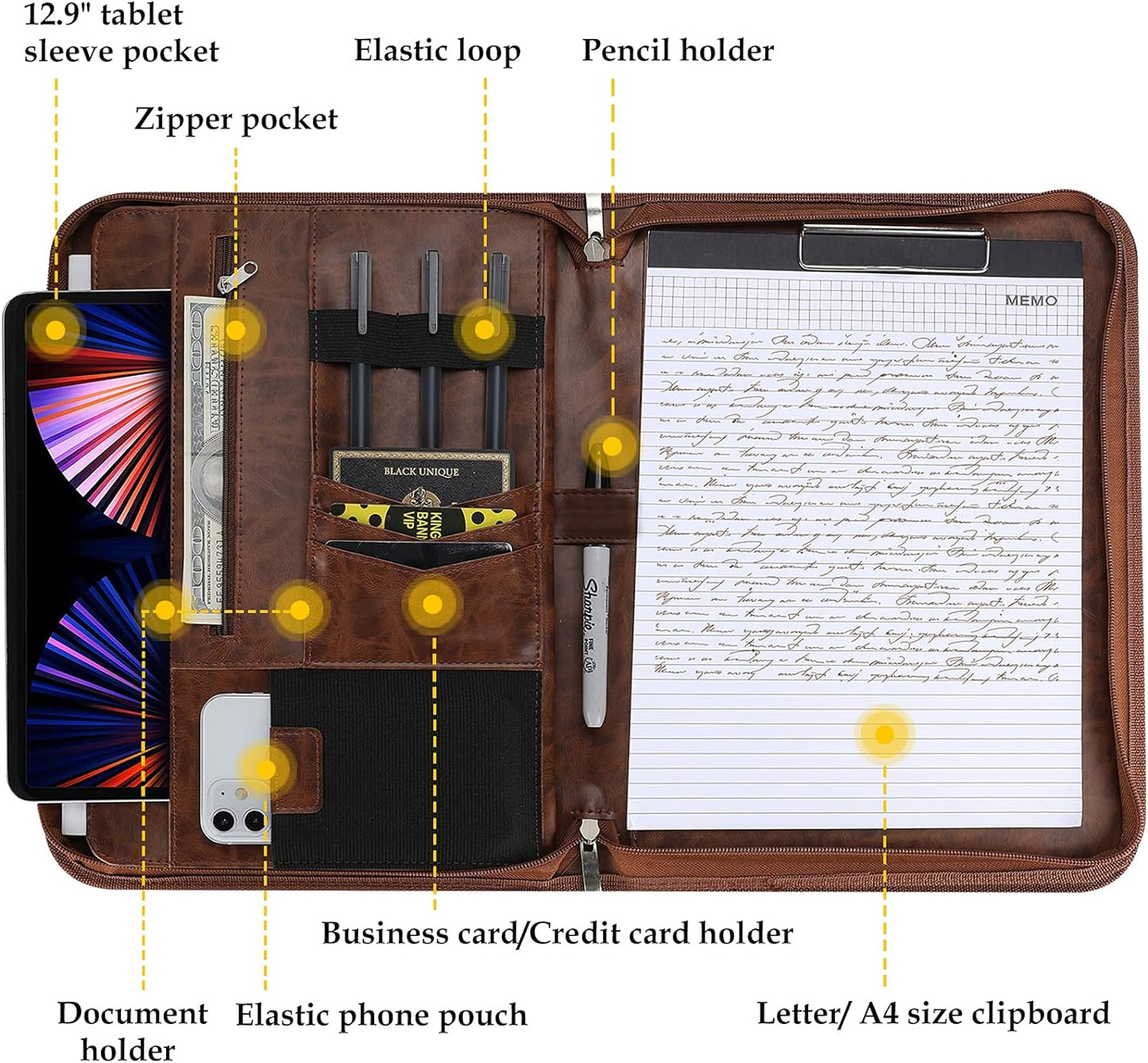 ProCase Portfolio Business Padfolio Folder with Zipper, Conference Meeting Executive File Legal Document Organizer with Pockets Letter Size A4 Writing Pad Notepad Padfolio -Black