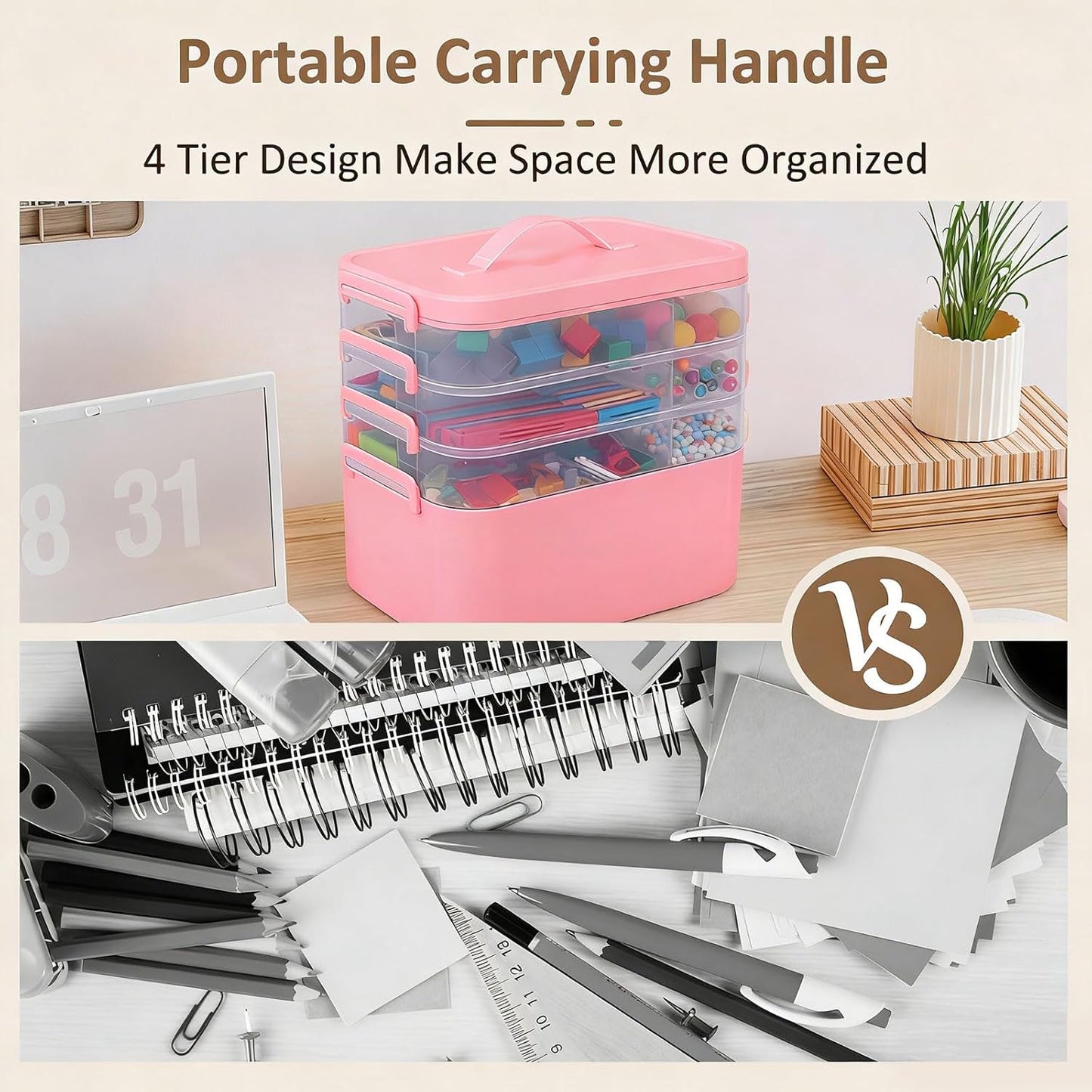 3-Layer Plastic Craft Organizers and Storage Box with Removable Trays, Storage Containers with lids and Handle, Art Supply Storage Organizer for Bead, Ornament, Nail Polish, Tape（10.62"x9"x7.67"）