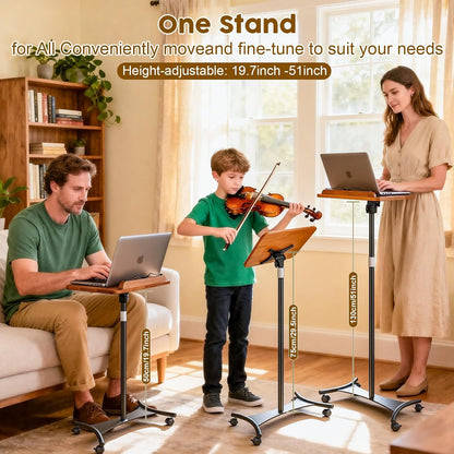2 in 1 Dual-use Music Stand & Desktop Book Stand, Adjustable Height 16.5"-51", 100% Solid Wood Laptop Floor Stand Book Holder with Page Clips for Cookbooks, Sheet Music (Brown)