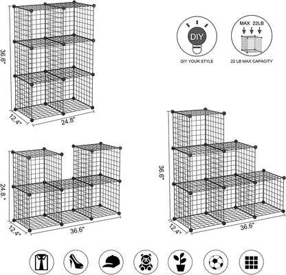C&AHOME Wire Cube Storage, 6 - Cube Organizer Metal C Grids, Modular Shelves Units, Storage Bins Shelving, Closet Organizer, Ideal for Home, Office, Living Room, 36.6”L x 12.4”W x 36.6”H Black