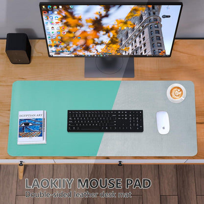 Dual-Sided Desk Pad, Large Mouse Pad - Natural Cork & PU Leather Non-Slip Waterproof Desk Mats for Office and Home (Blue, 31.5" x 15.7")