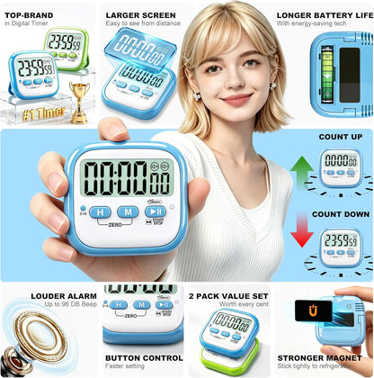 Antonki 2 Pack Classroom Timers for Kids Teachers, Magnetic Countdown Digital Kitchen Timer for Cooking, Study, Exercise, Games, Time Mangement - Loud/Silent Mode - Battery Included
