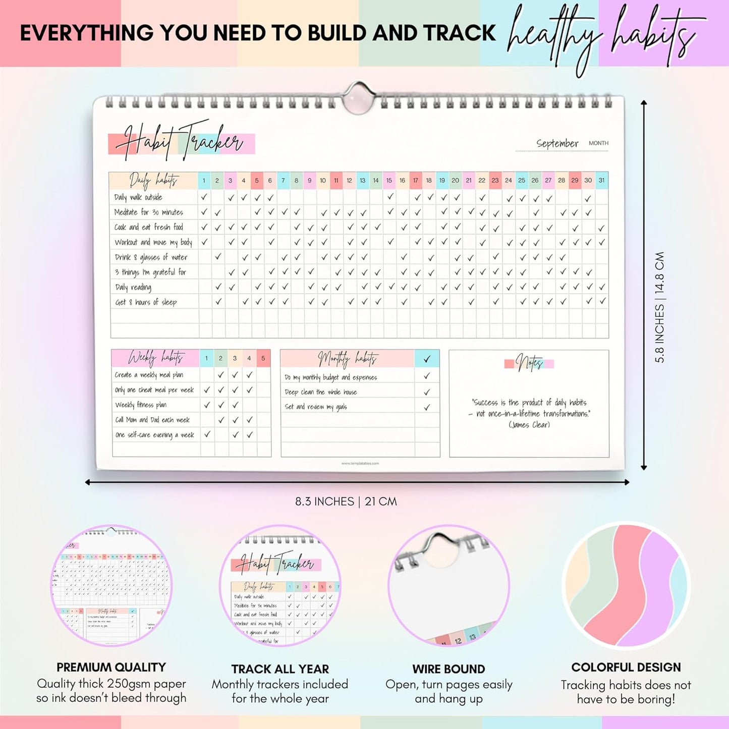 Habit Tracker Calendar – Daily, Weekly & Monthly Habit & Goal Tracker, Wire-Bound Planner with Colorful Design, Premium 250gsm Paper | A5 (Rainbow)