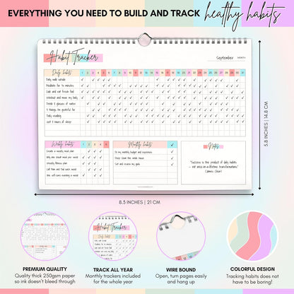 Habit Tracker Calendar – Daily, Weekly & Monthly Habit & Goal Tracker, Wire-Bound Planner with Colorful Design, Premium 250gsm Paper | A5 (Rainbow)