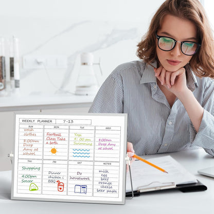 Magnetic Dry Erase White Board with Stand, 12'' x 16'' Desktop Weekly Schedule Board, 10 Markers, 4 Magnets, 1 Eraser, Double-Sided White Board Easel for Drawing School to Do List