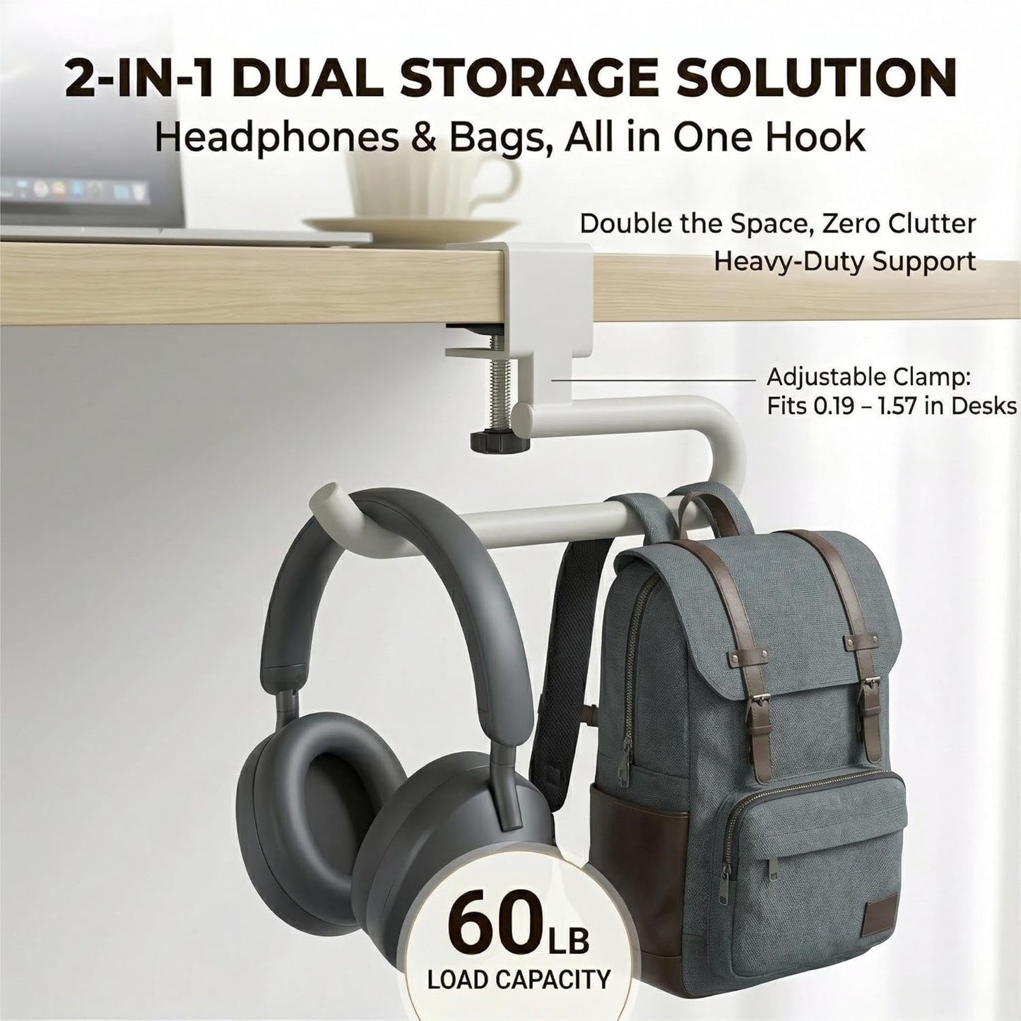 Desk Hook & Bag Hooks for Tables, Anti-Slip 60LB Heavy Duty Clamp-On Backpack Hanger, Extended Clearance Bag Holder for Desk for Office & Gaming, Adjustable (0.19-1.57in) (White)