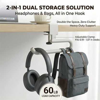 Desk Hook & Bag Hooks for Tables, Anti-Slip 60LB Heavy Duty Clamp-On Backpack Hanger, Extended Clearance Bag Holder for Desk for Office & Gaming, Adjustable (0.19-1.57in) (White)