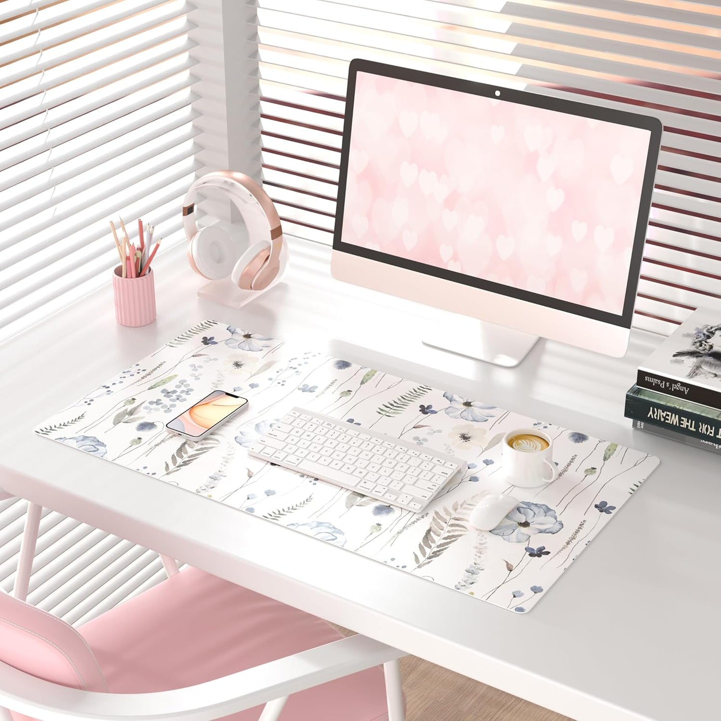 QIYI Large Mouse Pad, Cute Pink Desk Mat for Desktop, Women Girls PU Leather Desk Pad Waterproof Gaming Mousepad, Rose Gold Marble Computer Protector Writing Pad for School Office Home 31.5" x 15.7"