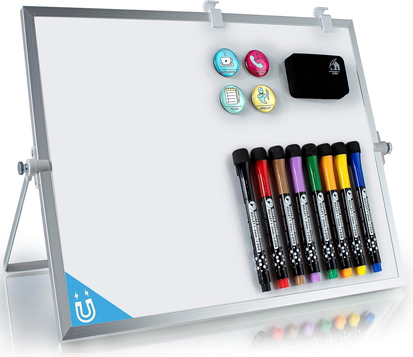 Dry Erase White Board for Desktop & Wall 12"x16" with 2 Magnetic Removable Planners - Weekly & Monthly to Do List Board with Stand, 6 Markers Eraser & Wall Hangers - Portable Double Sided Magnetic