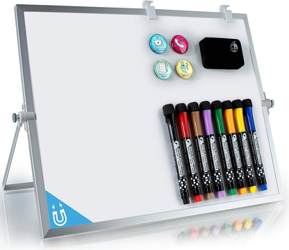 Dry Erase White Board for Desktop & Wall 12"x16" with 2 Magnetic Removable Planners - Weekly & Monthly to Do List Board with Stand, 6 Markers Eraser & Wall Hangers - Portable Double Sided Magnetic