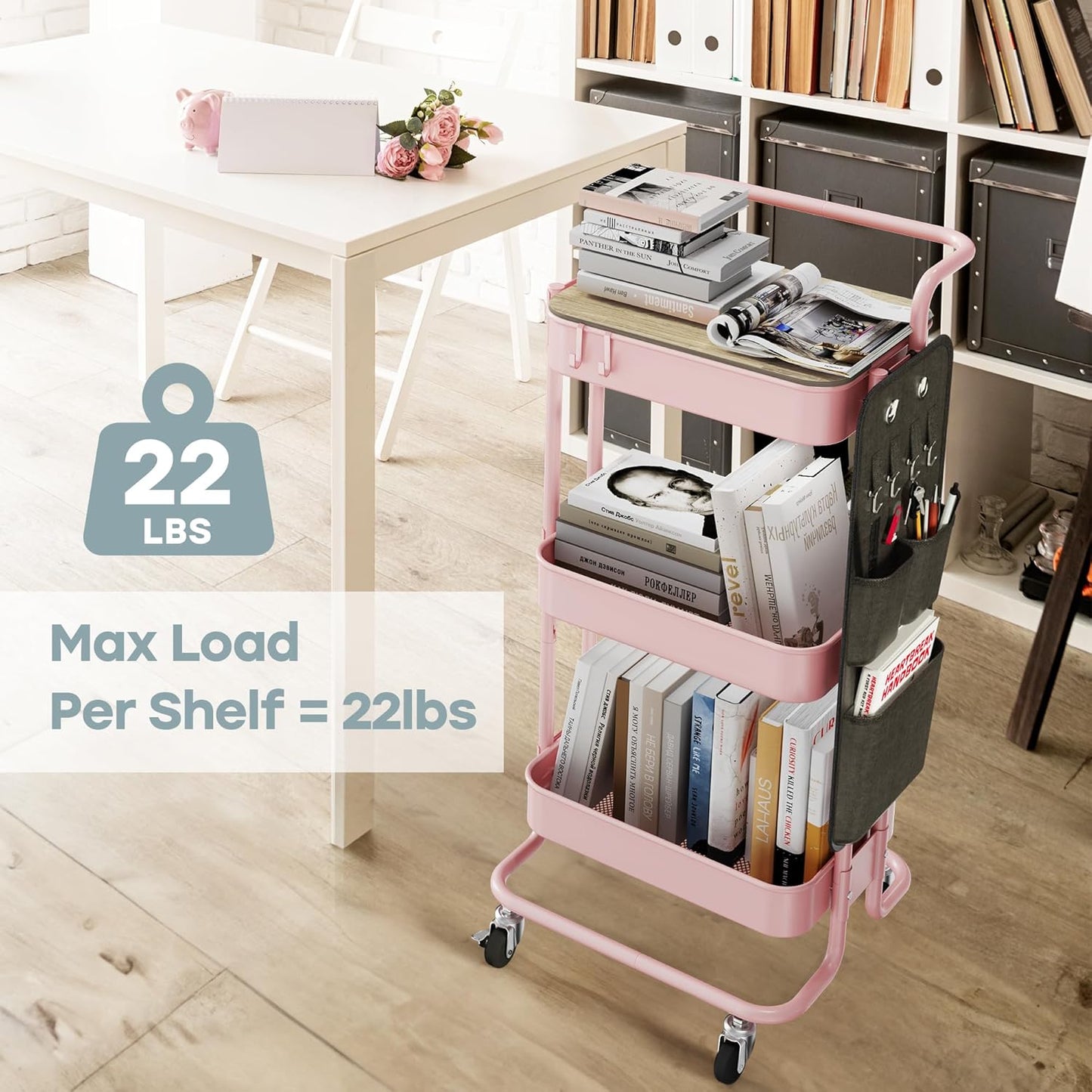 DTK 3 Tier Metal Utility Rolling Cart with Table Top and Side Bags, Tray Storage Organizer Wheels, Art Craft 4 Hooks for Kitchen Bathroom Office Living Room (Black)