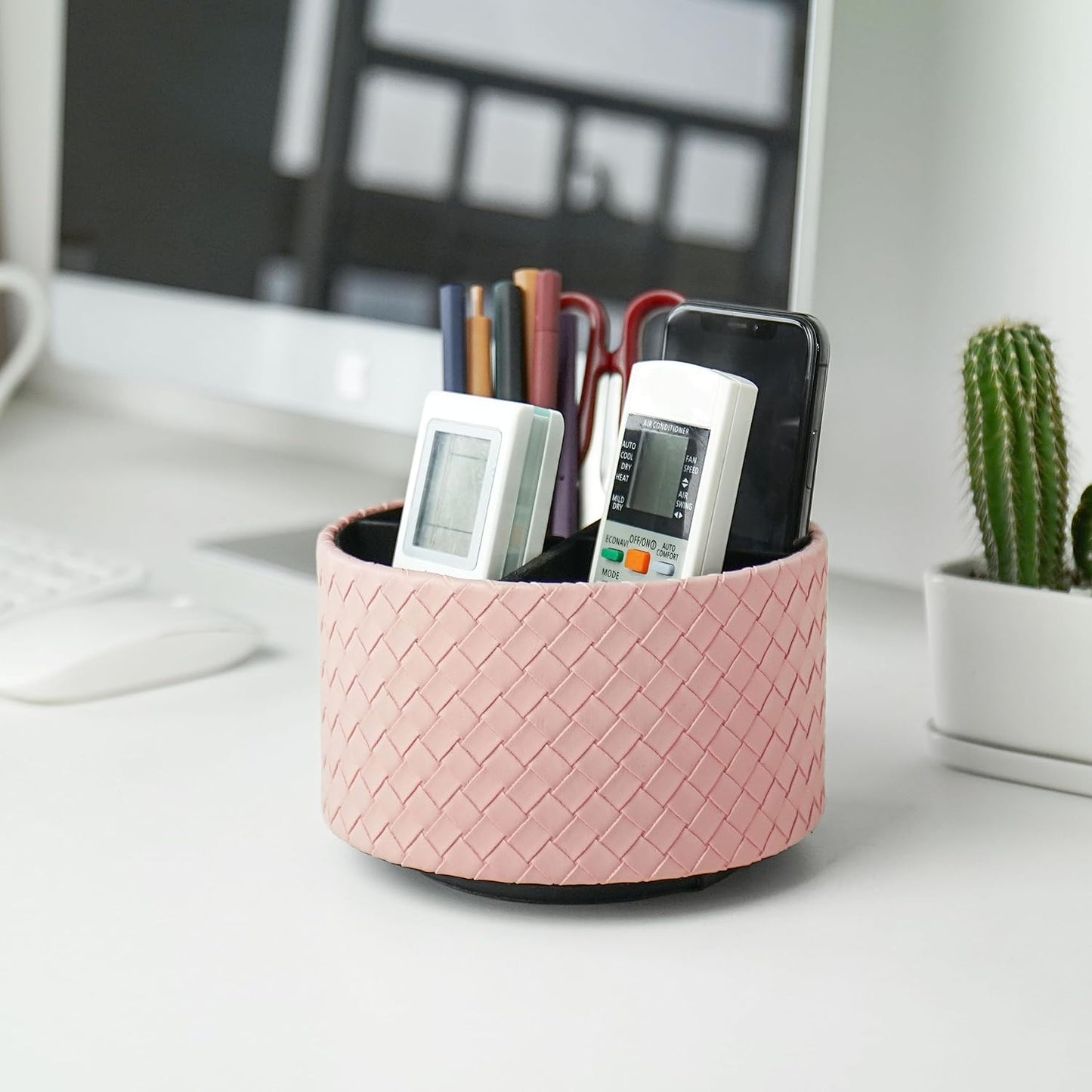 Round Leather Art Supply Organizer,Remote Control Holder,360 Degree Rotating,Multi-Functional Pencil Holder,4 Compartments Desktop Stationary Organizer(1-Fractal Flower) | Round - Colors A