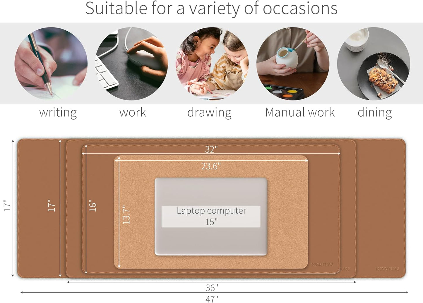 RENMTURE Dual-Sided Mouse Pad, Natural Cork & PU Leather Large Desk Pad for Office and Home Work, Desk Protector Non-Slip, Waterproof, Easy Clean (Olive Green, 32"x16")