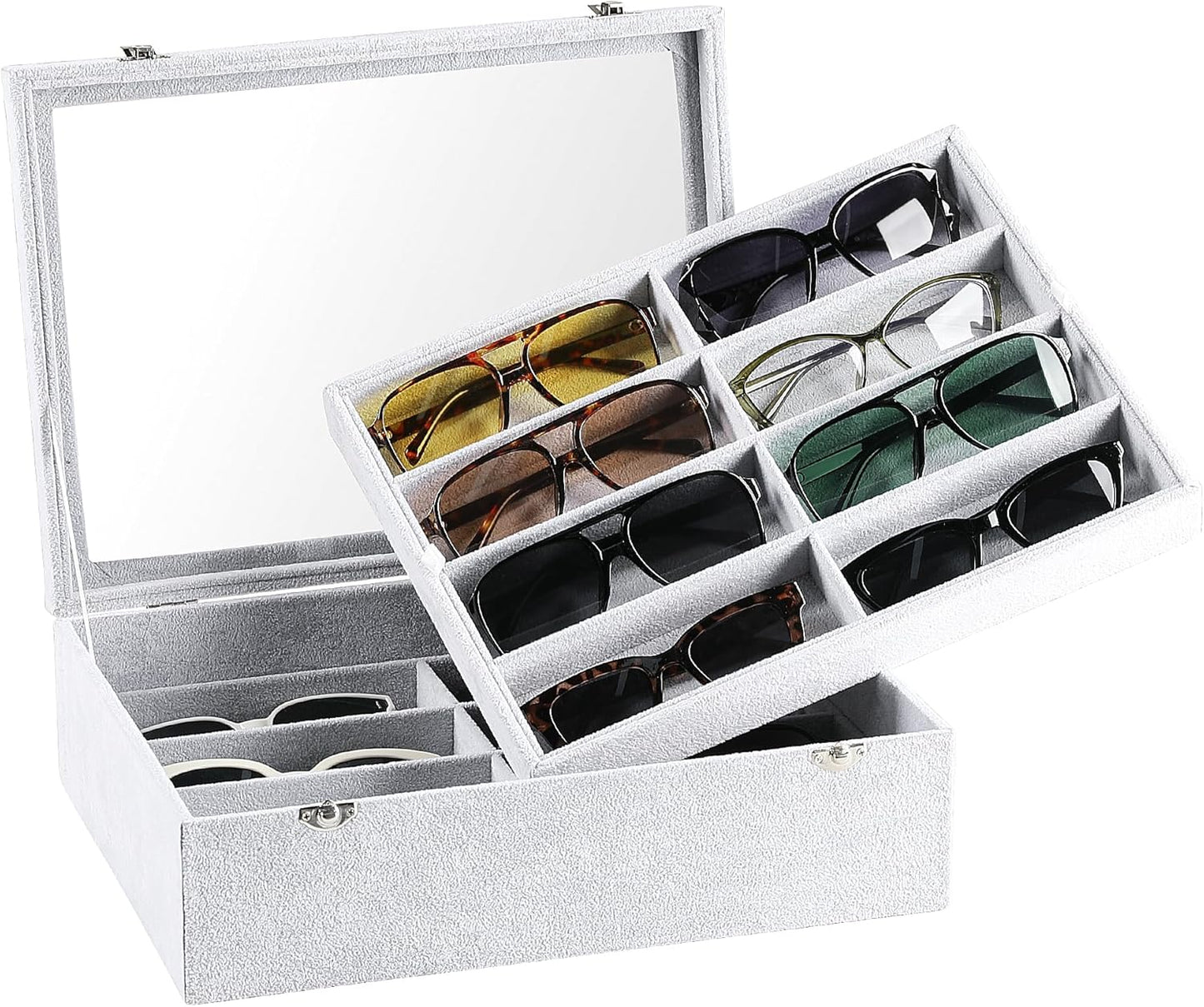 Frebeauty 16 Slots Sunglasses Organizer,2 Layer Velvet Sunglasses Tray with Glass Lid,Multiple Pairs Sunglass Display Case for Man or Woman,13.7 * 10.25 * 4.1 Inches Eyeglass/Eyewear Box (Beige)