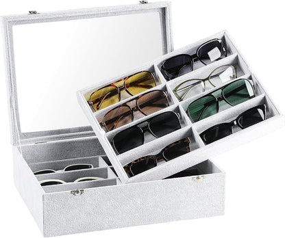 Frebeauty 16 Slots Sunglasses Organizer,2 Layer Velvet Sunglasses Tray with Glass Lid,Multiple Pairs Sunglass Display Case for Man or Woman,13.7 * 10.25 * 4.1 Inches Eyeglass/Eyewear Box (Beige)