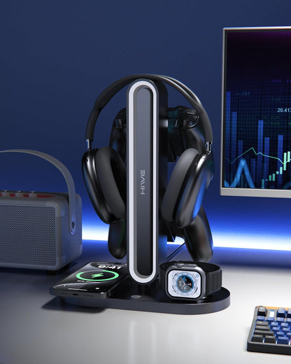 HiWe 4-in-1 RGB Gaming Headphone Stand with Dual Controller Holder, Wireless Charger for iPhone/Apple Watch, USB-A & USB-C Outputs, Adapter Included, Black