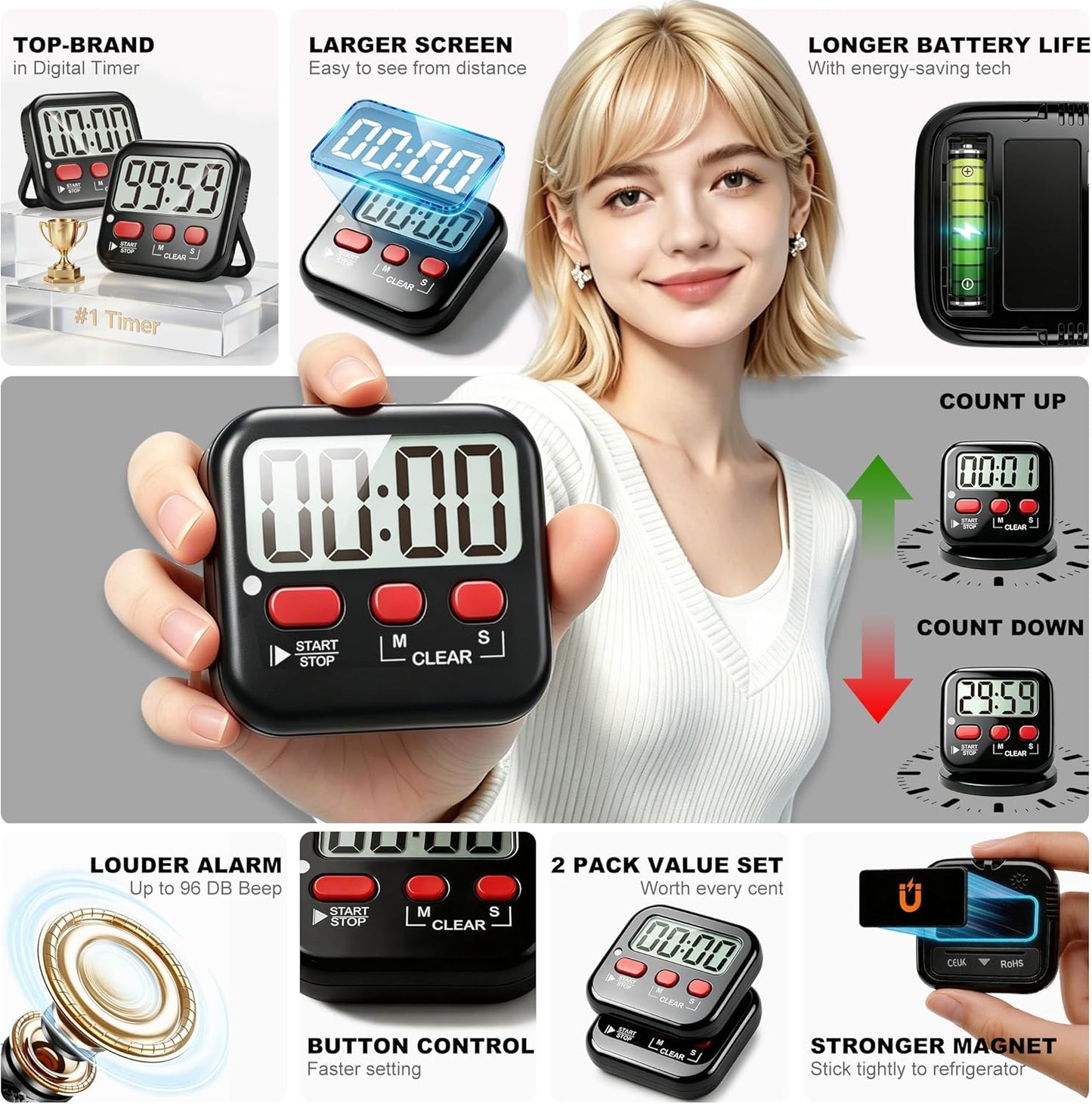 Antonki 2 Pack Digital Timer for Kids, Magnetic Countdown Kitchen Timers for Cooking, Egg, Classroom, Teacher, Exercise, Study, Oven - Battery Included