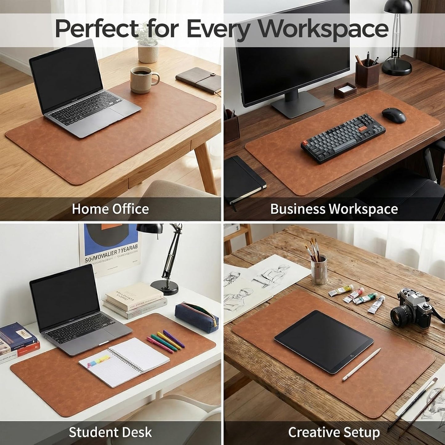 Premium Faux Leather Desk Mat & Tray Set，Innovative Cork-Look Printed Base，Gift Tube Packaging，Full-Desk Coverage，Non-Slip Desk Pad for Office Home（Olive Green）