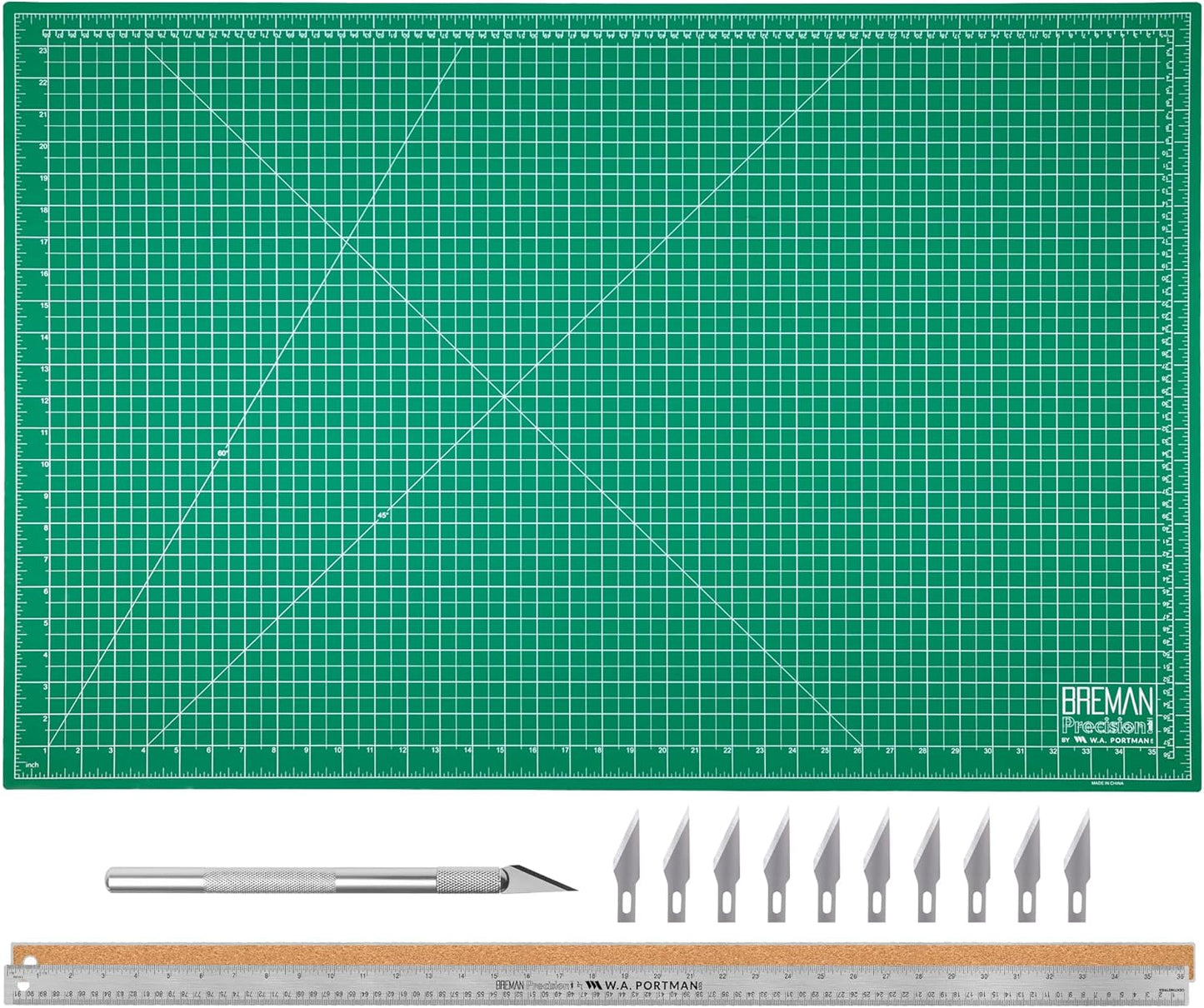WA Portman 12x18 Inch Self Healing Cutting Mats for Crafts – Fabric Cutting Mat with Precision Craft Knife, 10#11 Hobby Knife Blades & Metal Ruler 18 Inch Cork Backed Ruler – All-in-One Craft Kit