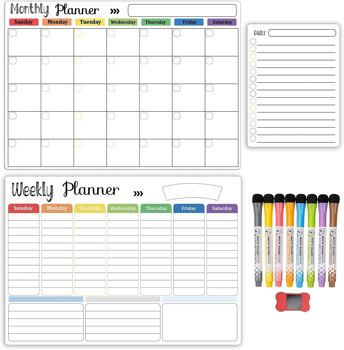 Hivillexun 3-Pack Magnetic Dry Erase Calendar Whiteboard Set for Fridge, Wall & Refrigerator Organisation – Monthly, Weekly & Daily Planners – Includes 8 Markers & Eraser
