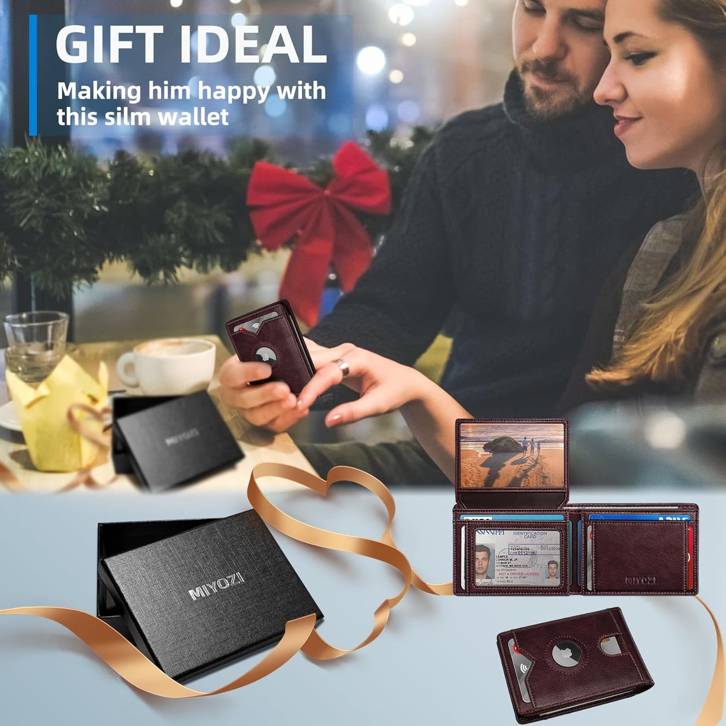 miyozi AirTag Wallet for Men, Slim Leather Bifold with Holder Slot, 2 ID Windows & 13 Card Slots, RFID Blocking Front Pocket Wallet with Gift Box
