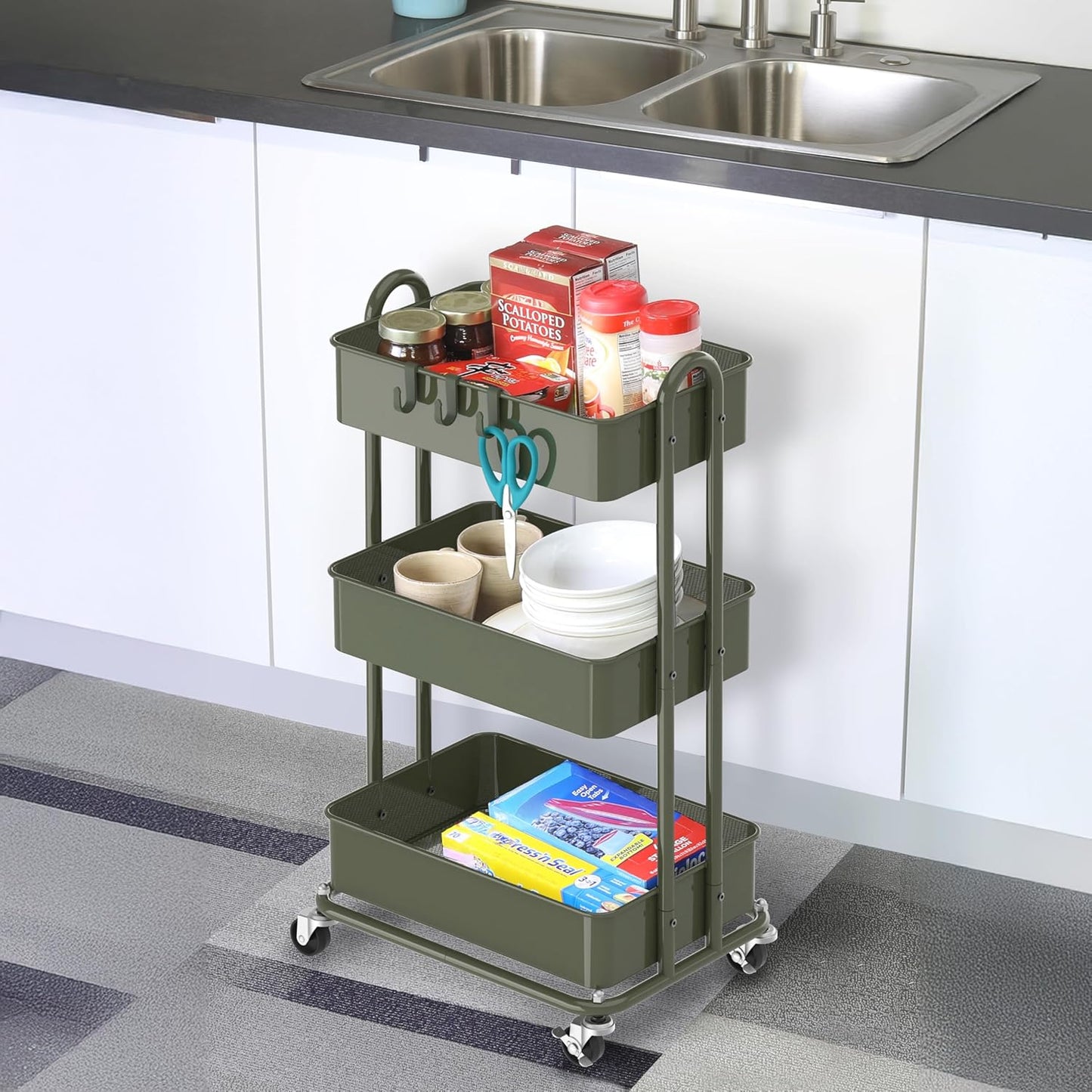 Simple Houseware 3-Tier Heavy Duty Metal Utility Rolling Cart, White