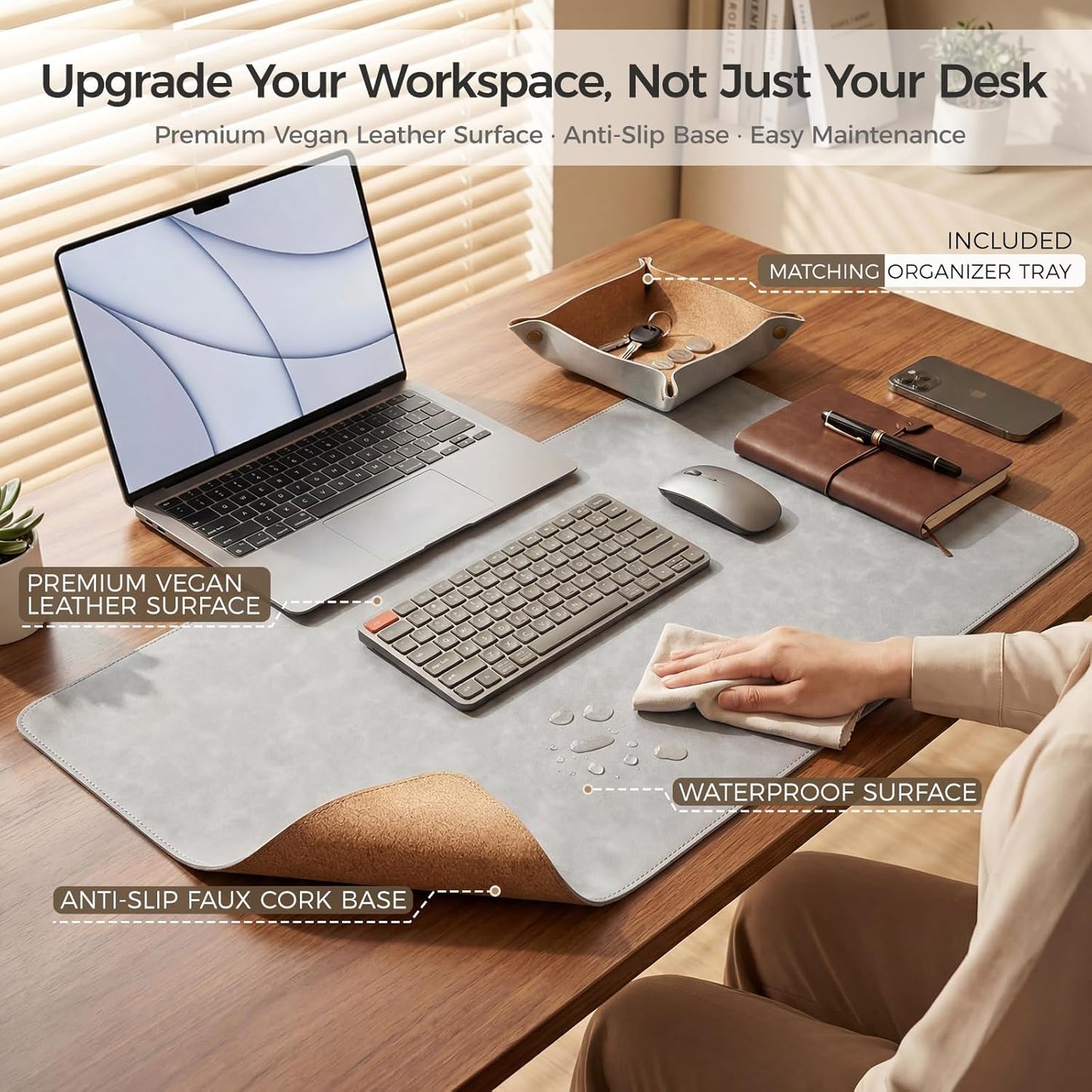 Premium Faux Leather Desk Mat & Tray Set，Innovative Cork-Look Printed Base，Gift Tube Packaging，Full-Desk Coverage，Non-Slip Desk Pad for Office Home（Olive Green）