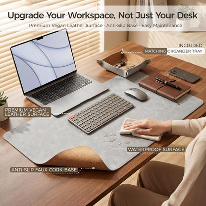 Premium Faux Leather Desk Mat & Tray Set，Innovative Cork-Look Printed Base，Gift Tube Packaging，Full-Desk Coverage，Non-Slip Desk Pad for Office Home（Olive Green）