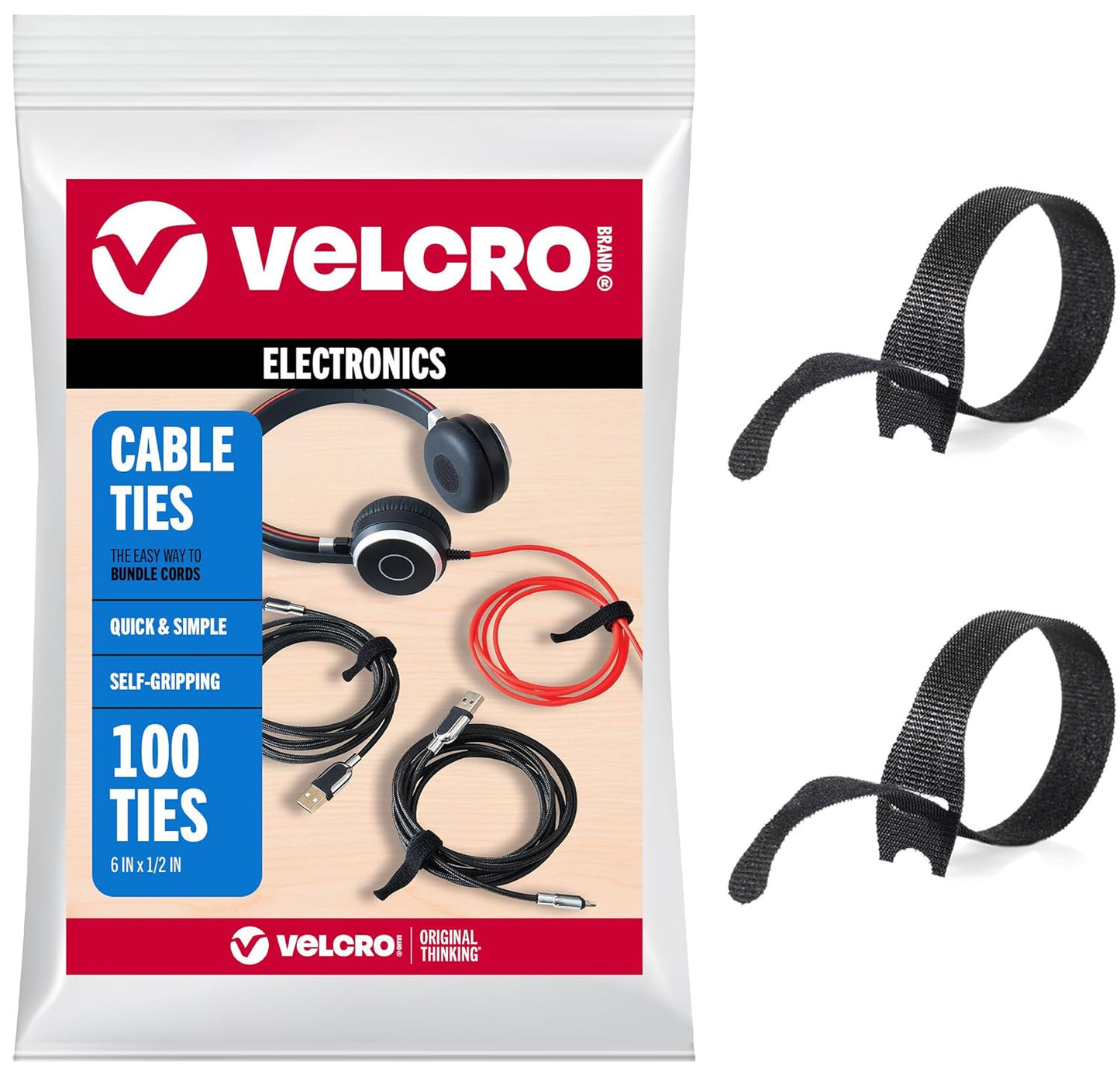 VELCRO Brand Reusable Cable Ties, Practical Tech Gifts for Men, 100 Pack 6 Inch Cable Management Ties for Electronics and Desk Organization, Black