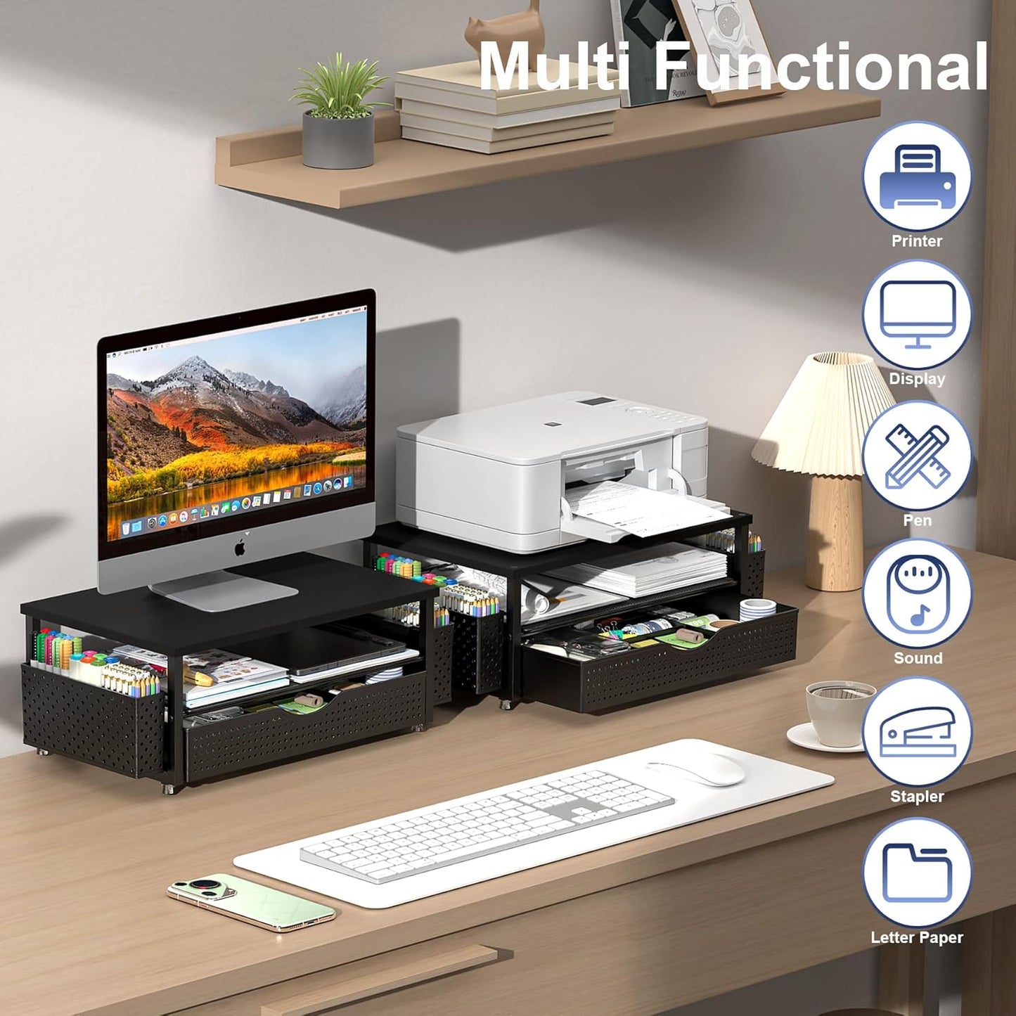 Spacrea Desk Organizer and Accessories, Computer Monitor Stand Riser with Drawer and 2 Pen Holders, Office Desk Accessories & Workspace Organizers for Office Supplies (Wood)