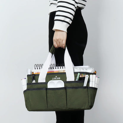 JJRING Craft Organizer Tote Bag for Art Storage, Caddy with Multiple Pockets, Bluish Green Sewing Bag for Scrapbooking, School, Medical, and Office Supplies